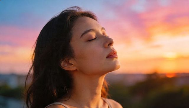 Serene asian woman basking in sunset light on rooftop, closeup profile portrait