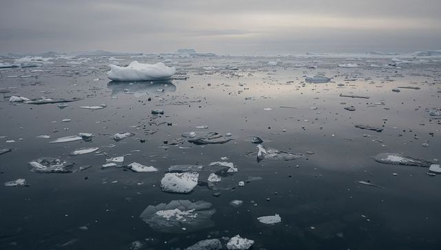 Minimal arctic icefield with floating ice floes and reflective calm polar sea