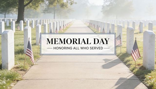 Memorial day veterans cemetery path lined with flags and white headstones at sunrise