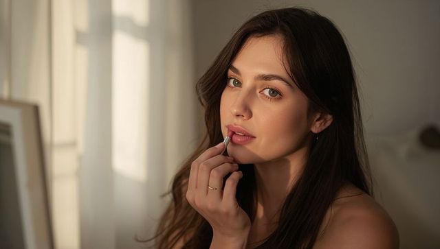 Sunlit woman applying lipstick by sheer curtains intimate morning beauty routine