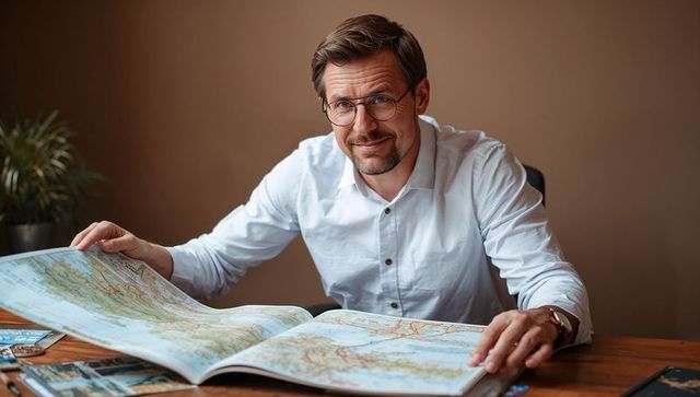 Man planning road trip with open atlas and travel brochures on wooden desk wearing round glasses