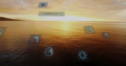 Golden Ocean at Sunset with Futuristic Holographic Overlays