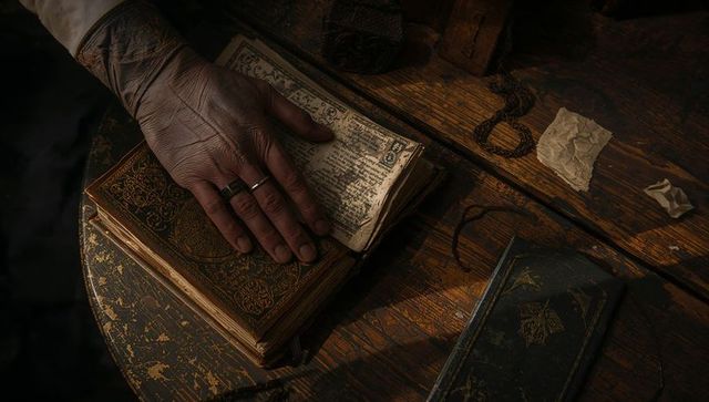 Vintage Scholar's Hand and Antique Book in Dim Light