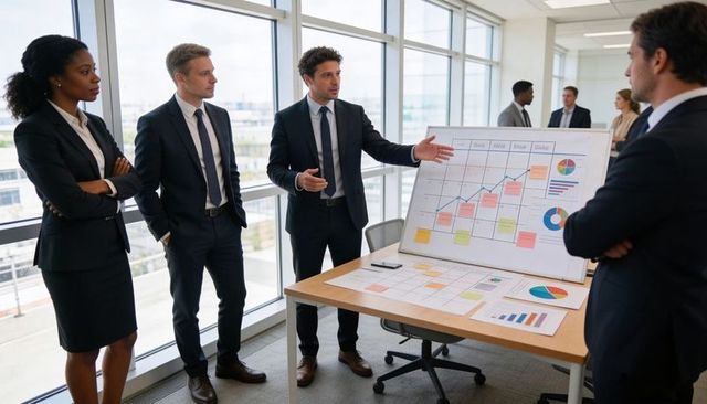 Business Team Presenting Growth Strategy Using Calendar Board and Charts in Glass Office