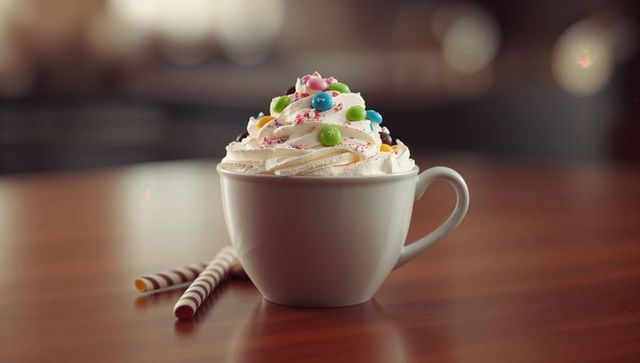 Cozy Whipped Cream Mug with Colorful Candy Topping on Rustic Table