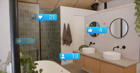 Contemporary bathroom featuring double-sink vanity, round mirrors and AR social bubbles