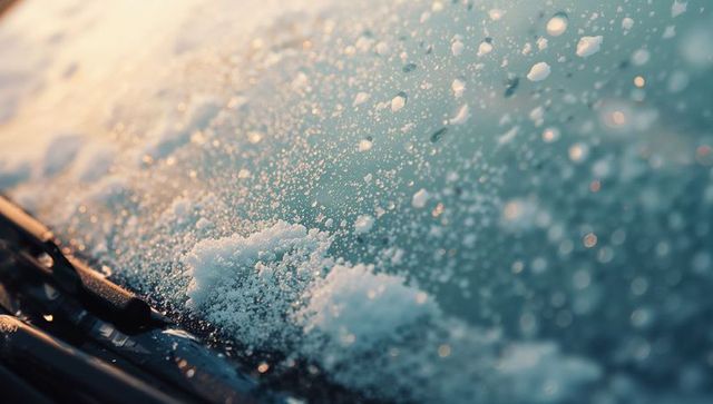 Winter Windshield with Melting Snow and Water Droplets