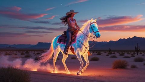 Dynamic cowgirl at sunset riding gleaming white horse in desert