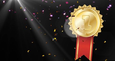 Golden medal with confetti celebrating victory on black background