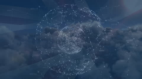 Digitized Network Globe Spinning Over Clouds Background