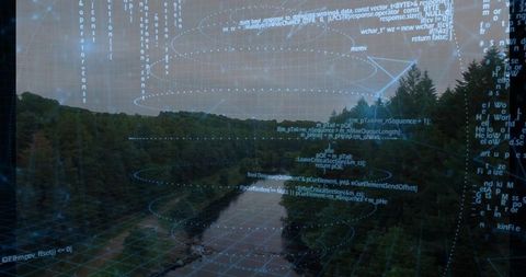 Holographic code overlaying remote river valley with reflective water moody forest vista