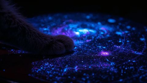 Feline paw resting on glowing nebula of blue purple stars and cosmic glitter on dark surface