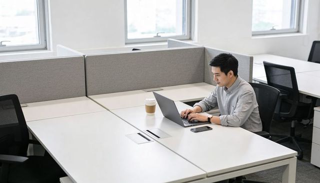 Asian professional working on laptop in bright open-plan office with takeaway coffee