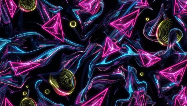 Abstract neon prisms and swirling light ribbons in digital void