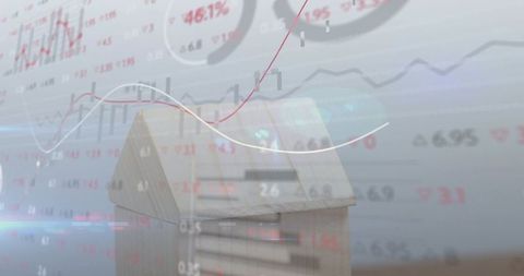 Wooden house model overlaid with financial charts representing real estate market trends