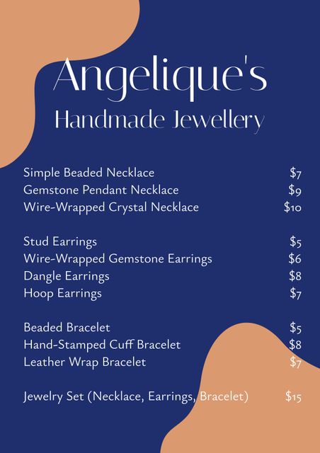 This listing features an elegant price list of handmade jewelry on a sleek blue background. Perfect for promoting artisan creations, it includes detailed pricing for various items such as beaded bracelets, gemstone pendants, wire-wrapped crystal necklaces, and different styles of earrings. Ideal for use in online shops, craft fairs, or marketing materials for small businesses, highlighting the unique and handcrafted nature of these artisan pieces.