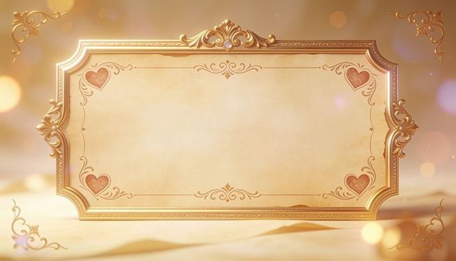 Displaying ornate gold frame with heart motifs holding blank parchment on satin drapery