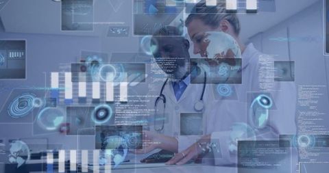 Doctors Analyzing Medical Data with Futuristic Technology Interface