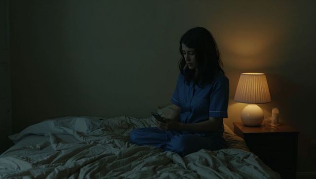 Woman in blue pajamas scrolling smartphone on dim bed with warm lamp glow, moody minimalism