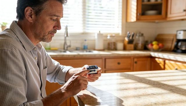 Middle-aged man monitoring oxygen level with fingertip pulse oximeter in sunlit kitchen