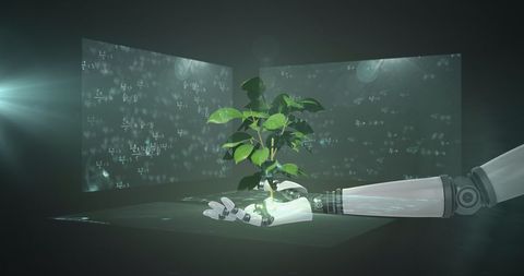 robotic hand nurturing plant amid scientific equations - Download Free Stock Images Pikwizard.com