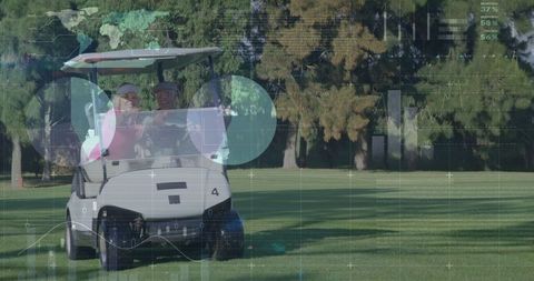 Elderly Couple Enjoying Golf Cart Ride on Scenic Fairway