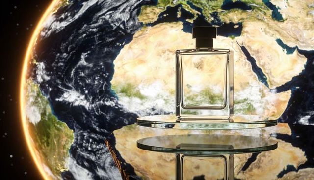 Showcasing transparent perfume bottle black-capped on mirrored platforms with earth backdrop