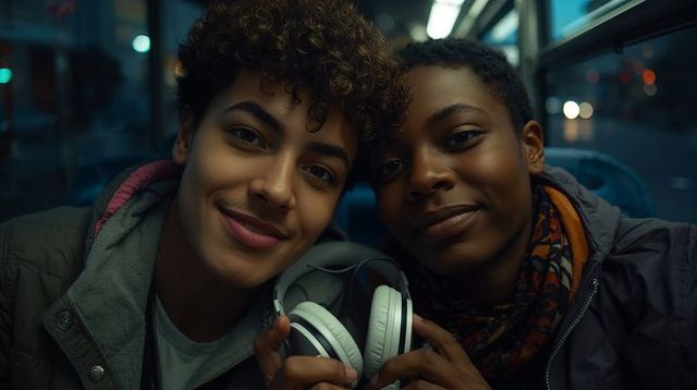 Teenagers sharing headphones on city bus at night, candid urban friendship portrait