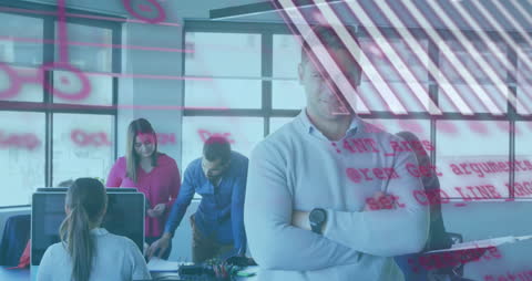 Business Team with Digital Code Overlay in Modern Office