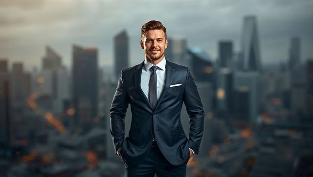 Confident businessman standing on rooftop with city skyline at dusk, corporate leader
