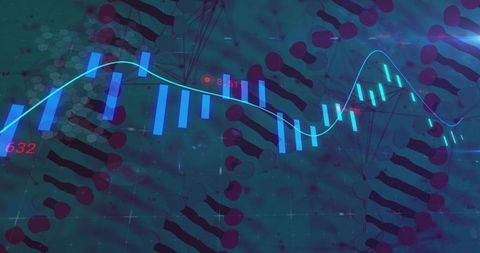 Tracing neon market trend line over candlestick waveform with abstract digital grid