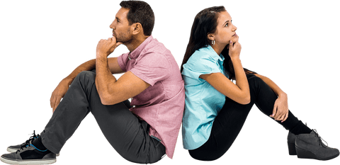 Transparent Thoughtful Couple Sitting Back to Back Pondering Ideas