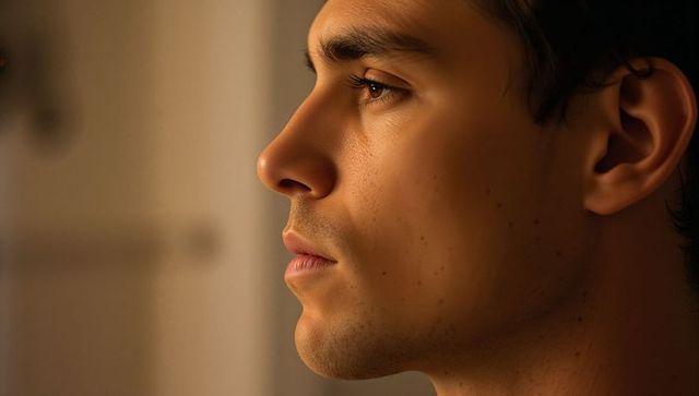 Male Profile Portrait Gazing in Soft Warm Light Showing Skin Texture and Subtle Stubble