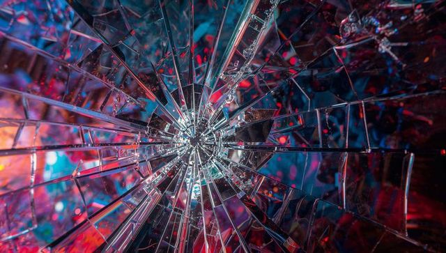 Shattered glass radiating from center impact, reflecting neon magenta cyan amber bokeh