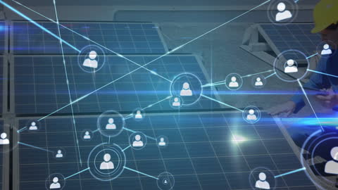 Digital Networking of Engineer Installing Solar Panels