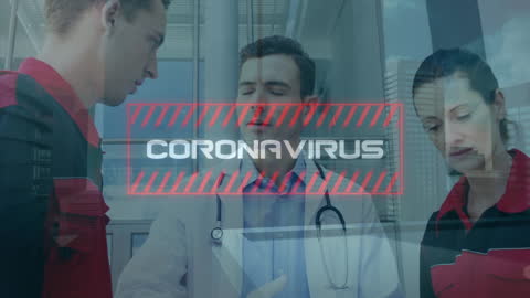 Doctors Analyzing Coronavirus Data with Digital Interface Overlay