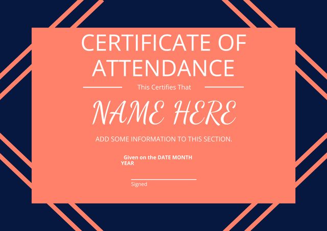 Stylish attendance certificate template featuring bold colors and graphic shapes. Ideal for recognizing participants at various events. Easy to customize with details such as name, date, and signatures. Great for schools, companies, conferences, or training programs.