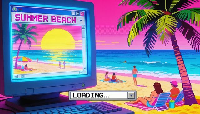 Vaporwave retro beach sunset with crt monitor and loading bar - pixel art neon tropical scene