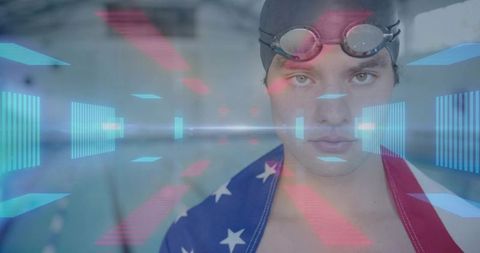 Determined Swimmer Wearing American Flag with Futuristic Holograms