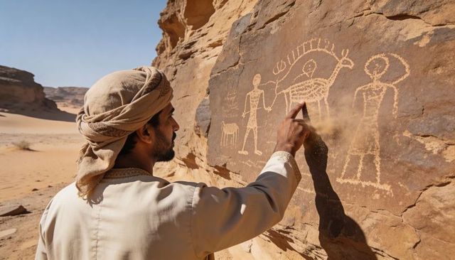 Local guide brushing desert petroglyphs on sandstone outcrop wearing robe and headscarf