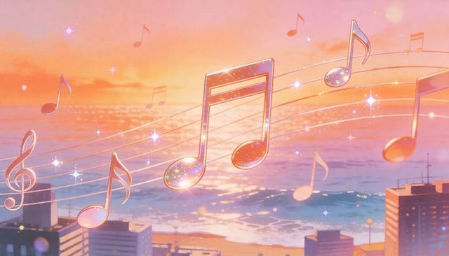 Gliding glossy musical notes arcing over pastel sunset beachfront skyline, dreamlike melody