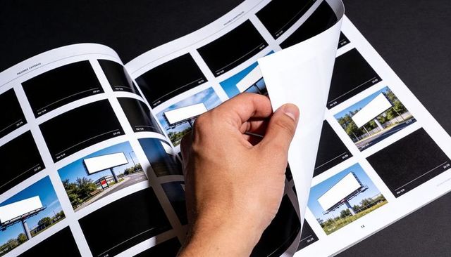 Right hand turning glossy catalog page showing billboard mockup thumbnail grid