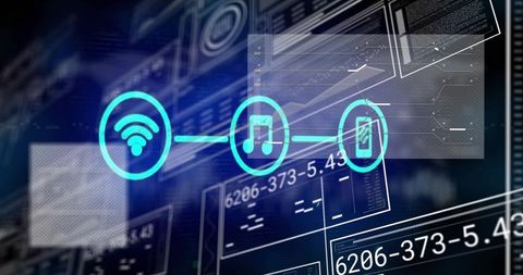 Holographic wi-fi music smartphone interface connecting devices on futuristic hud