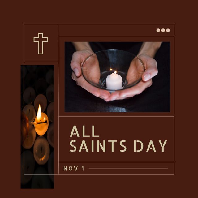 Composition of all saints day and nov 1 texts with candles over brown background. All saints day and celebration concept digitally generated image.