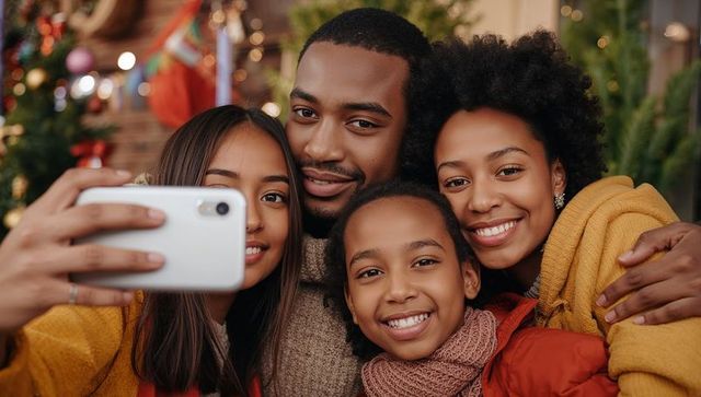 Diverse Family Celebrating Christmas Taking Selfie Together