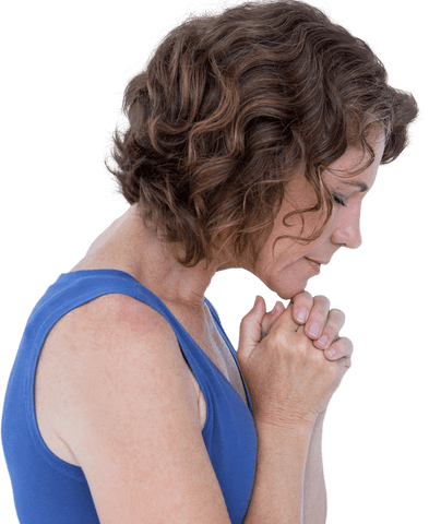 Transparent Image of Distressed Caucasian Woman Praying with Closed Eyes