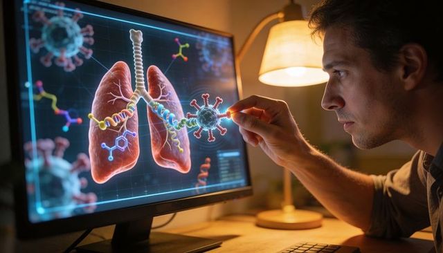Researcher manipulating 3d lungs and virus model on monitor for biomedical analysis