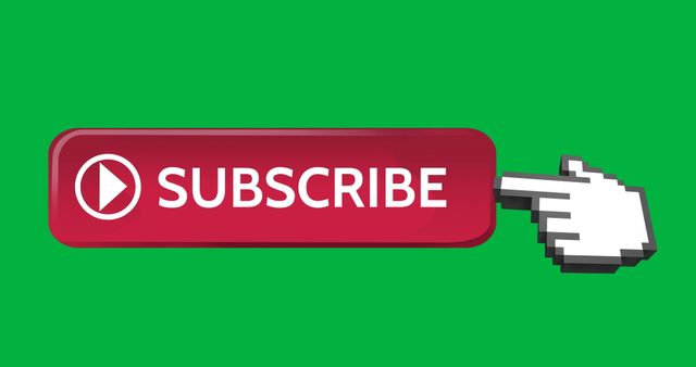 A vibrant red subscription button with a pointing hand cursor icon on a green background. Ideal for use in videos, online tutorials, web pages, and social media channels to promote subscriptions and encourage audience engagement.