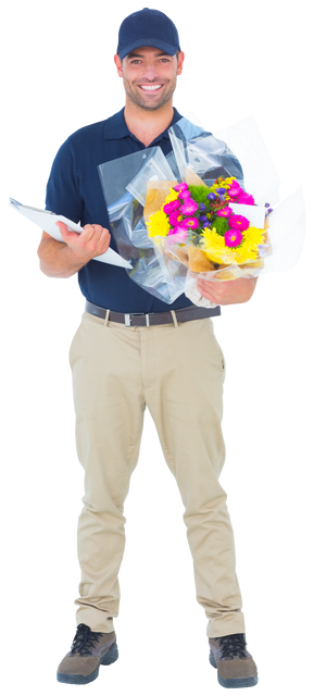 Smiling Flower Delivery Man in Uniform Holding Bouquet and Clipboard with Transparent Background - Download Free Stock Videos Pikwizard.com