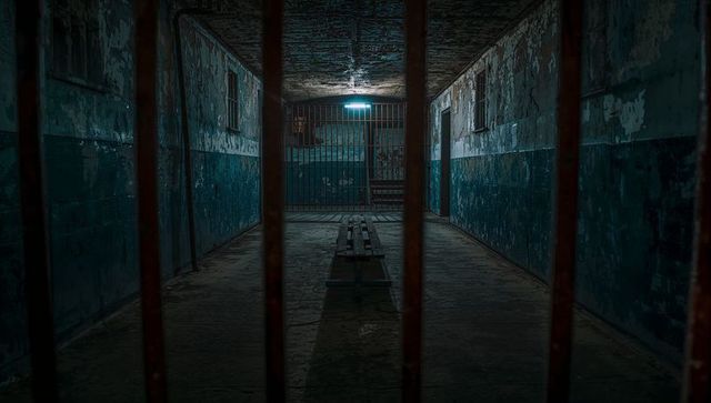 Abandoned Prison Corridor with Peeling Paint and Wooden Bench